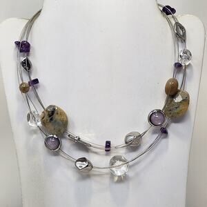 Chicos Silver Tone Illusion Multi Strand Necklace Faux Acrylic Stone Purple Gray